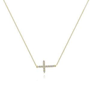 18K Gold Plated Women's Side Cross Cubic Zirconia Necklace Waterproof Jewelry